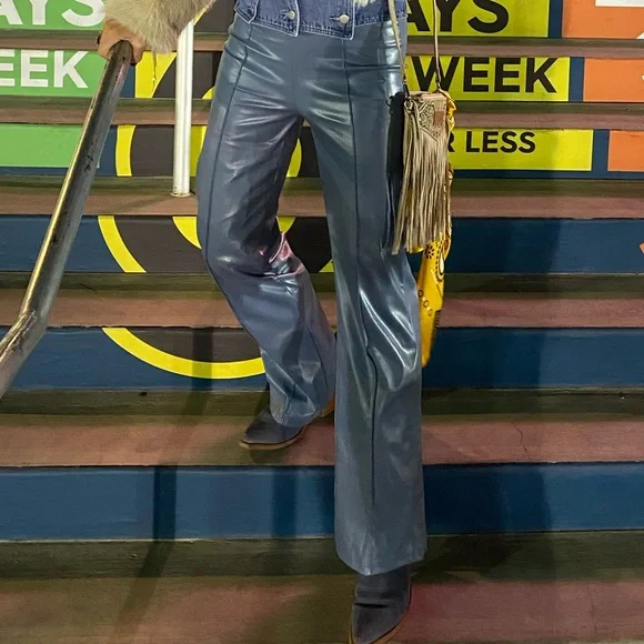 Dusty Blue Faux Leather Pants - Picture 4 of 4